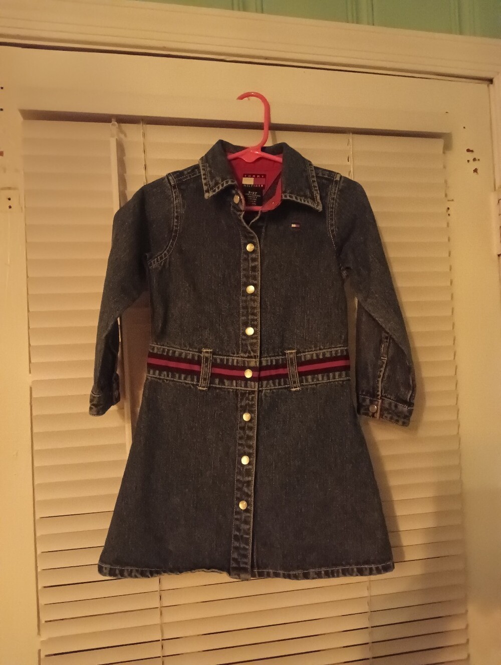 Y2K Tommy Hilfiger Dark Blue Denim Girls' Jacket Dress with Red Stripe